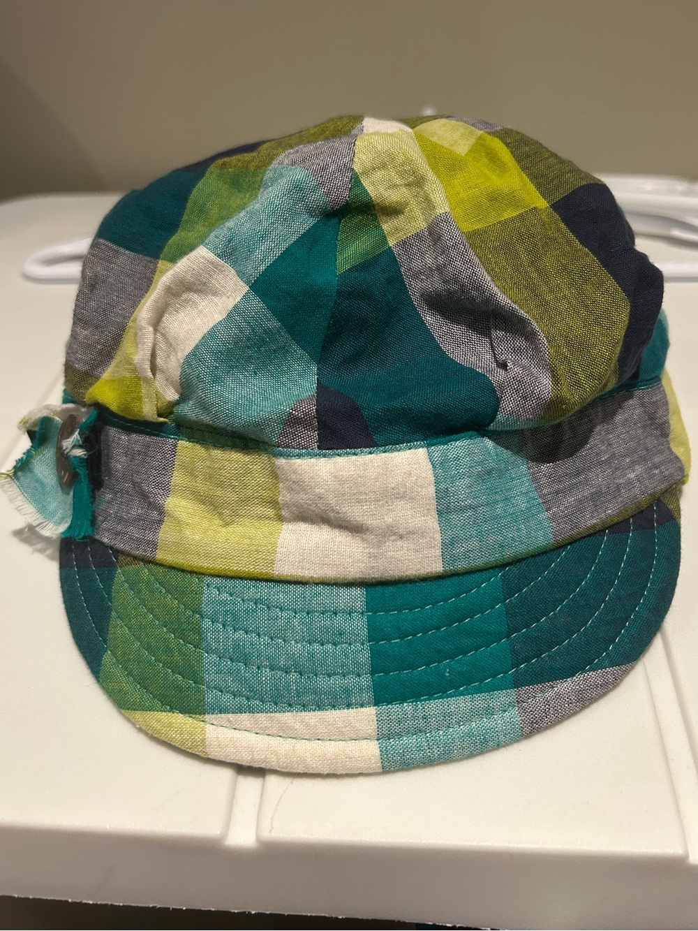 Kids Y2K Plaid Cotton Cap in Teal & Lime With Flower Detail